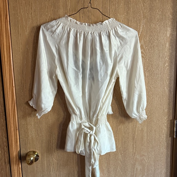 Vintage Eduardo Blanco 100% Silk Embroidered Boho Blouse Sheer Smocked size S - Picture 2 of 5